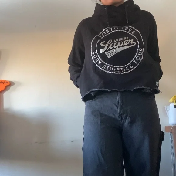 SUPERDRY Black Turtleneck Cropped Hoodie - Picture 3 of 7